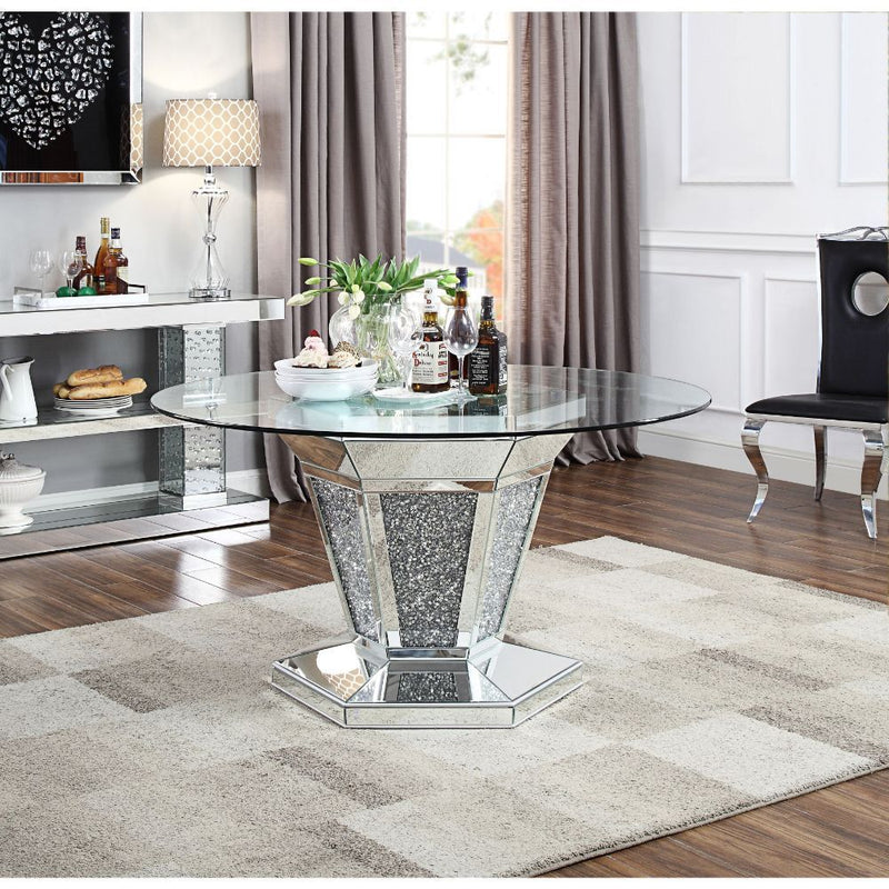 Noralie - Dining Table - Mirrored, Faux Diamonds & Clear Glass Top