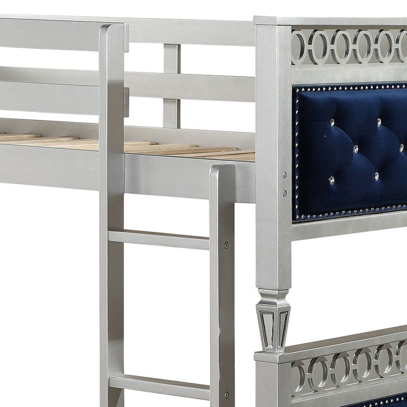 Varian - Twin Over Twin Bunk Bed - Blue Velvet & Silver Finish