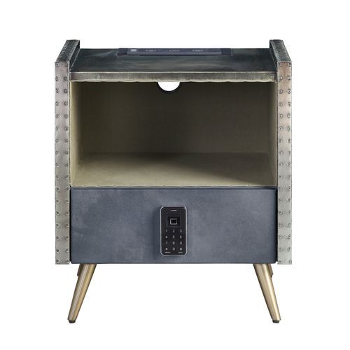 Doris - Nightstand - Gray Top Grain Leather & Aluminum