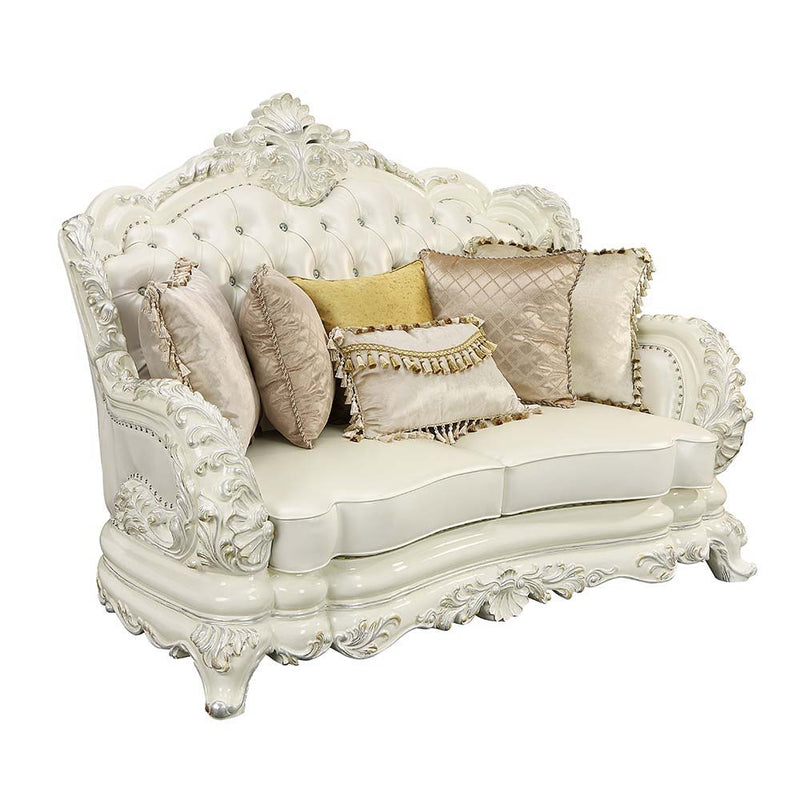 Adara - Loveseat With 5 Pillows - Pearl White Synthetic Leather & Antique White