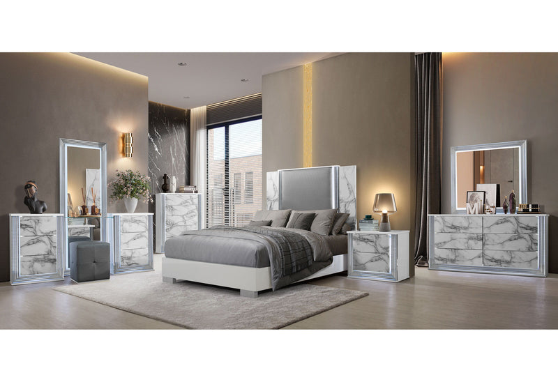 Ylime - 7 Piece Queen Marble Bedroom Set With Vanity Set - White