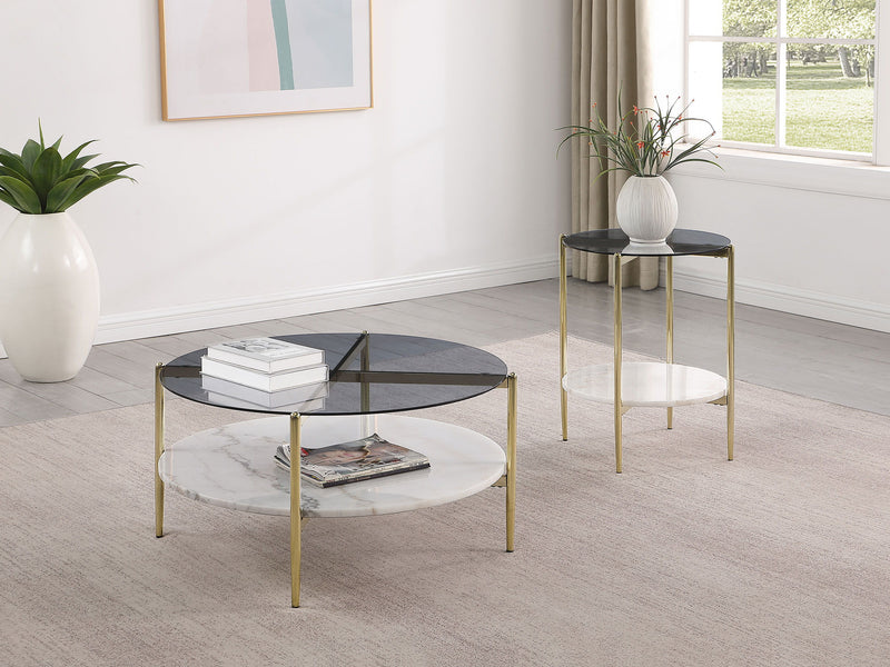 Jonelle - Round Glass Top End Table White Marble Shelf Gold - Smoke