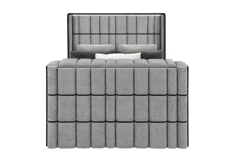 Isabella - Queen Upholstered Bed With LED, TV Lift, Bluetooth Speaker And Firpeplace Crystal - Gray