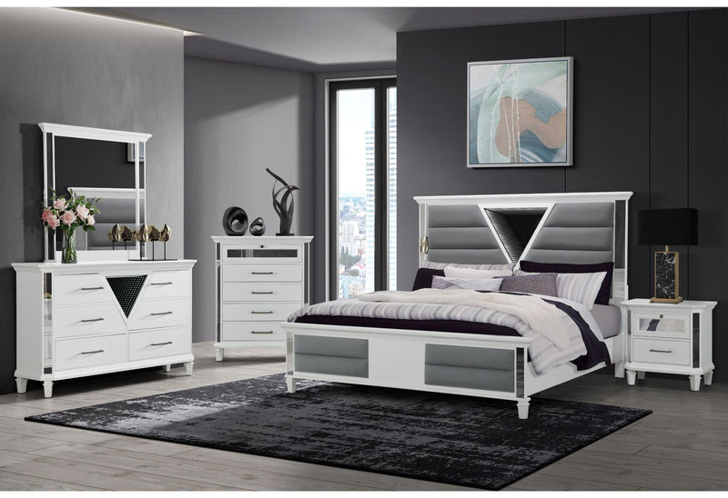 Marco - 5 Piece Queen Bedroom Set With LED 3D Mirror - Metallic White