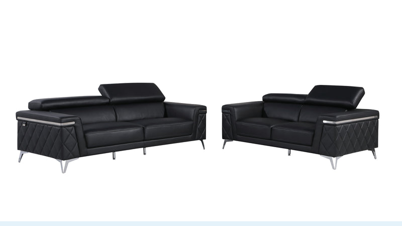 1140 - Top Grain Italian Leather Living Room Set - Black