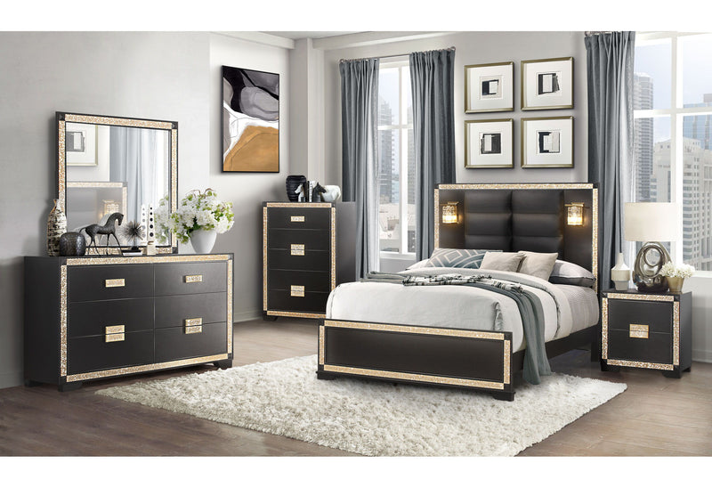 Blake - 4 Piece King Bedroom Set (King Bed With Lamps, Dresser, Mirror, Nightstand) - Black / Gold