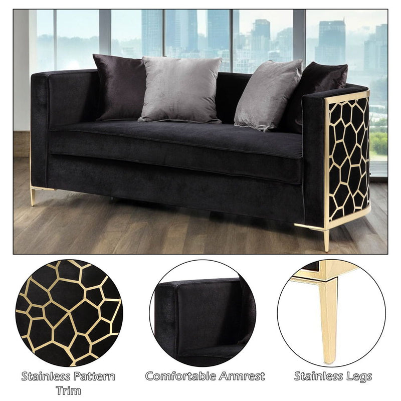 Fergal - Loveseat With 4 Pillows - Black Velvet & Gold