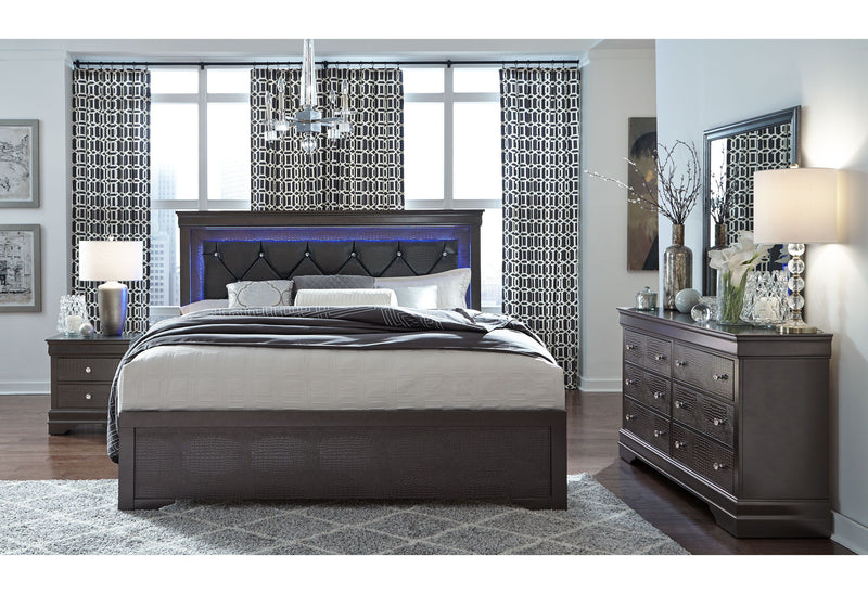 Pompei - 4 Piece King Bedroom Set (King Bed With LED, Dresser, Mirror, Nightstand) - Gray