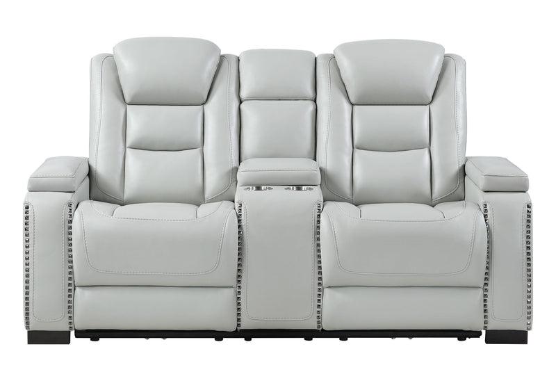 U8609 - Power Console Reclining Loveseat With Power Headrest, USB, Outlet, LED And Bookshelf Arm - Gray