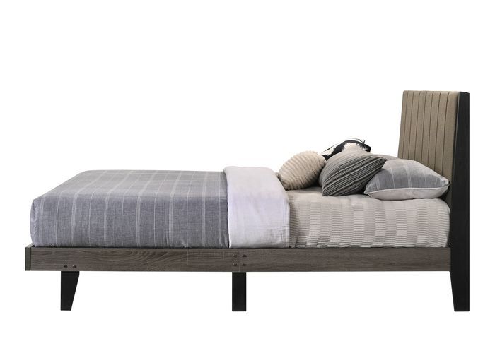 Valdemar - Queen Bed - Brown Fabric & Weatheted Gray Finish