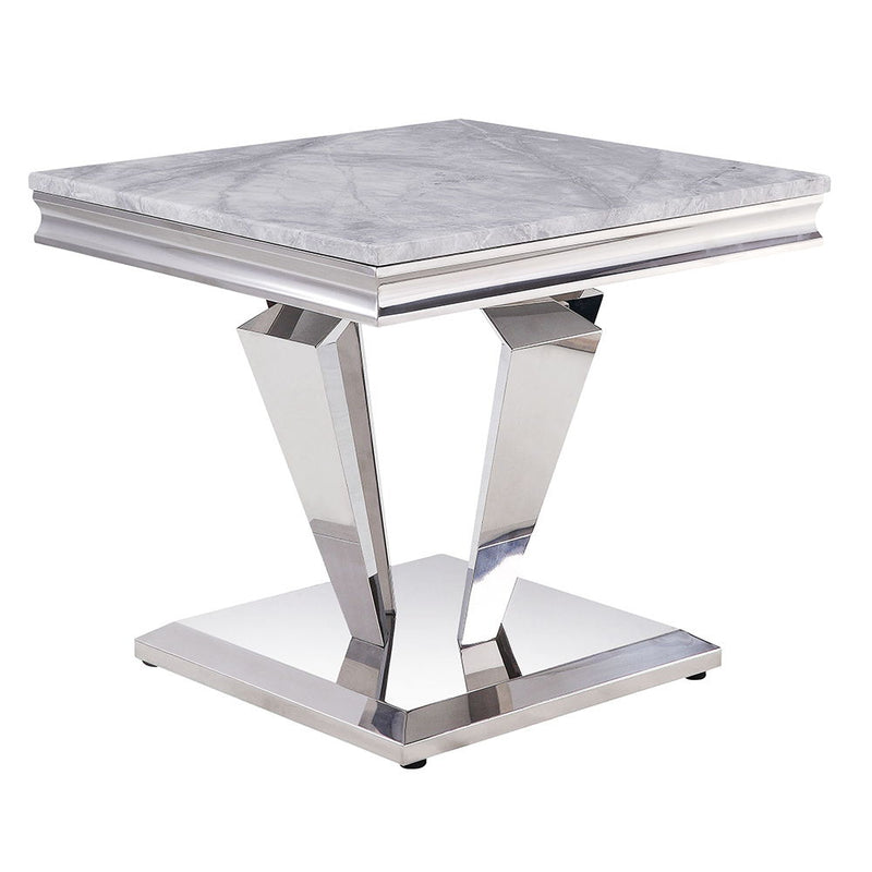 Satinka - End Table - Light Gray Printed Faux Marble Top & Mirrored Silver