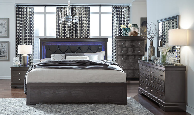 Pompei - 5 Piece Full Bedroom Set With LED - Metallic Gray