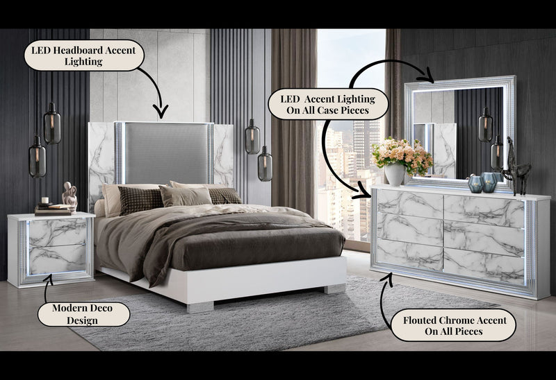 Ylime - 4 Piece Queen Bedroom Set (Queen Bed, Dresser, Mirror, Nightstand) - White Marble