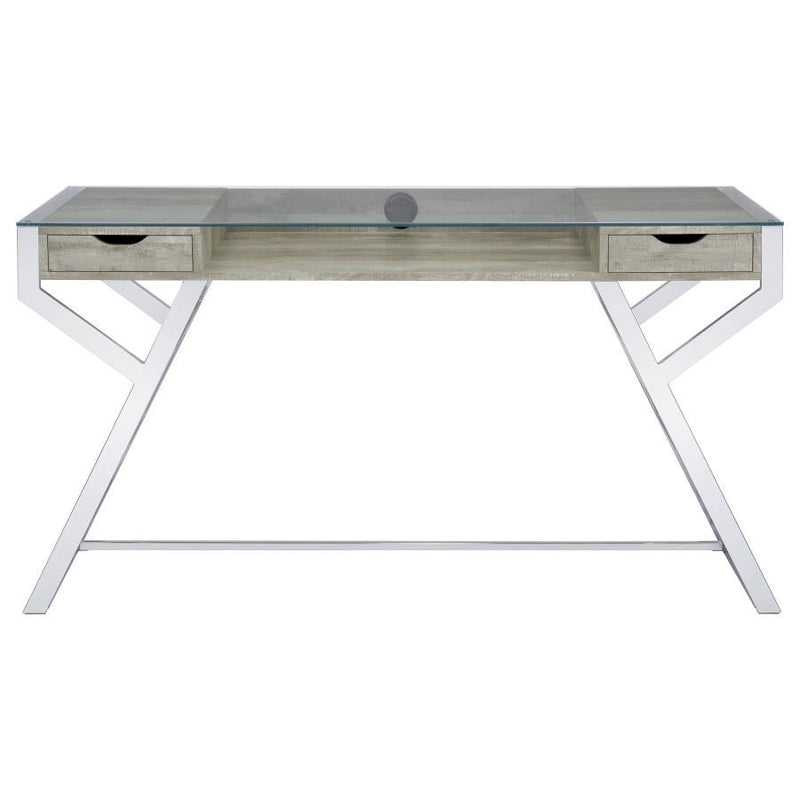 Emelle - 2-Drawer Glass Top Writing Desk - Gray Driftwood And Chrome