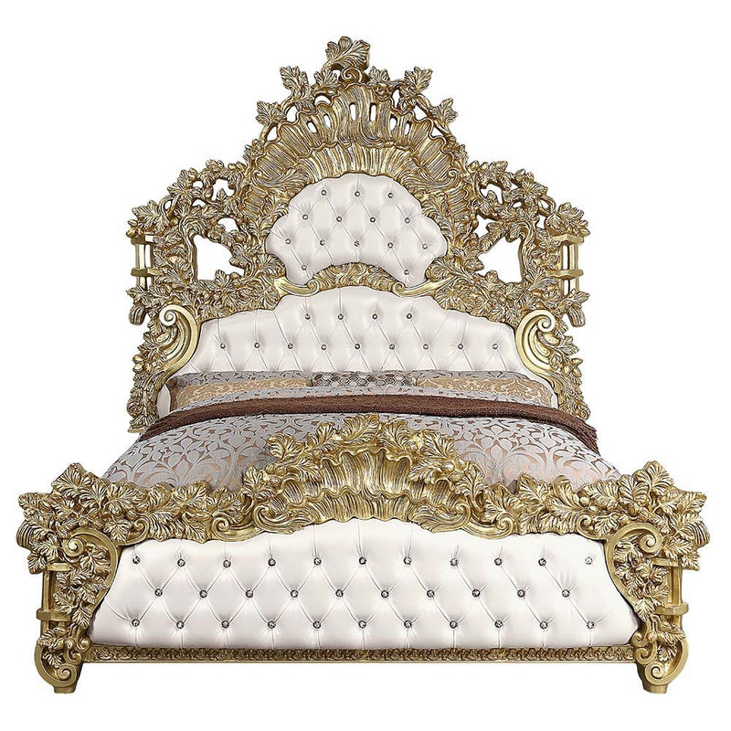 Bernadette - Eastern King Bed - White Synthetic Leather Fabric & Gold